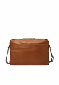 Braune Lederhandtasche mit glatter Textur, rechteckiger Form und einer vorderen Reißverschlusstasche. Mit abnehmbarem Schultergurt.