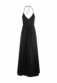 Mustahuulipuku syvällä V-kaula-aukolla, virtaava hameosa ja kerrottu vyötärö. Valmistettu kevyestä kankaasta, jossa on säädettävät nauhat.