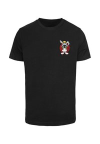 Black cotton t-shirt featuring a small graphic of a cartoon rabbit in a hat with a red circular background and white accents on the bottom.