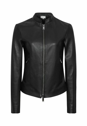 Black leather jacket with a round collar, front zipper, and side pockets. Smooth texture and fitted design for a sleek appearance.