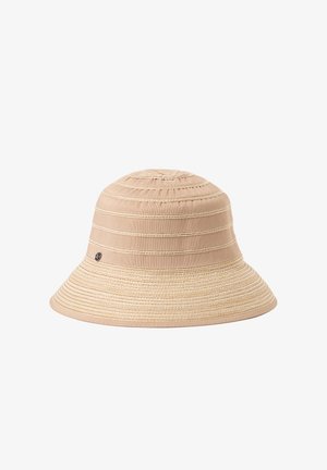 Beige bucket hat with stitched horizontal stripes and a wide woven brim on a white background.