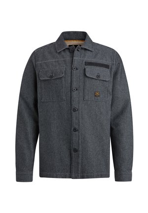 Grau, strukturierte Jacke aus einer Wollmischung. Verfügt über zwei Brusttaschen mit Klappen, einen Knopfverschluss vorne und ein Kontrastpanel an der Schulter.