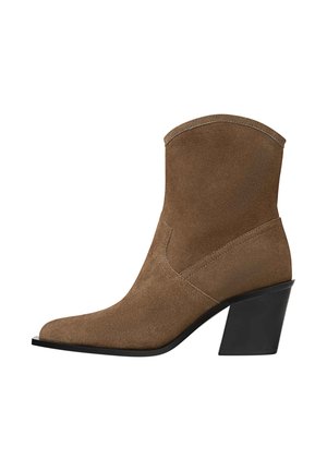 Brown suede ankle boot with a pointed toe and chunky black mid-height heel, shown in side profile on a white background.