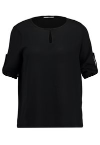 Musta lyhythihainen pusero, valmistettu kevyestä kankaasta. Siinä on pyöreä pääntie, jossa on avonainen aukko, sekä käännetyt hihat, joissa on nappikoristeet.