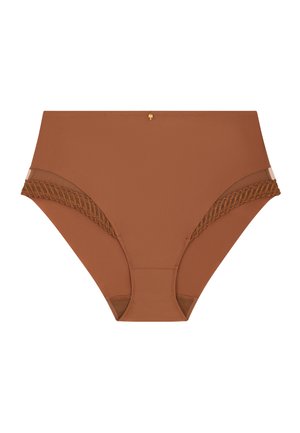 Culotte taille haute marron en tissu lisse avec des détails en dentelle sur les côtés et un petit accent décoratif à l'arrière.