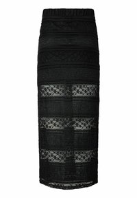 Jupe crayon noire longueur genou avec panneaux horizontaux solides alternant avec de la dentelle florale transparente, taille élastique.