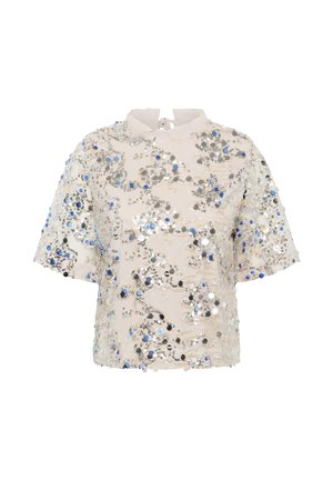 Kurzärmliges Oberteil in Creme mit einem runden Kragen, geschmückt mit silbernen und blauen Pailletten in floralem Muster, mit einer Schnürung auf der Rückseite.