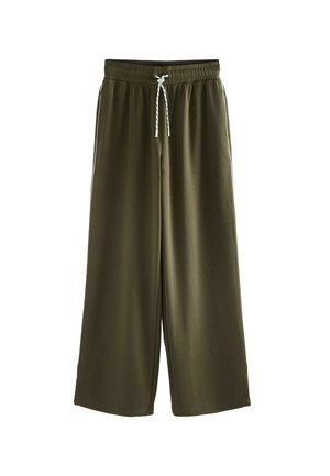 Pantaloni a gamba larga verde oliva realizzati in tessuto morbido, con vita elastica e chiusura con cordino in bianco.