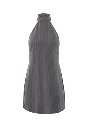 Szürke csíkos ujjatlan felső, magas gallérral és gomb részlettel a nyaknál. Az anyaga sima tapintású, függőleges vékony csíkokkal.