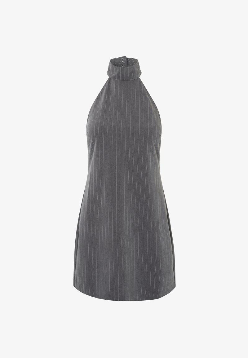 Grijs gestreept mouwloos topje met een hoge kraag en knoopdetail bij de hals. De stof heeft een gladde textuur met verticale streepjes.
