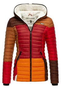 Padded jacket with a multi-colored design featuring red, brown, and orange panels. Includes a hood and zippered front pockets.