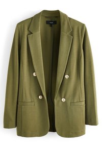 Groene dubbelblijvende blazer van textuurstof, met twee voorkruiszakken en knopen in goudkleur. Het ontwerp heeft een geknipte kraag.