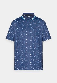 Sötétkék polo-ing, világoskék, fehér és rózsaszín geometriai mintával. Két gombos gallérja és texturált nyaka van.