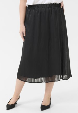 Jupe midi plissée noire avec une taille élastique ; caractérisée par un tissu léger et fluide avec un subtil éclat. Accentuée par un ourlet transparent.