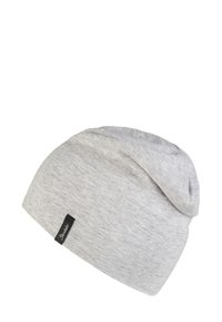 Gray knit beanie with a slouchy design, featuring a subtle texture and a black label on the side. Soft, stretchable fabric.