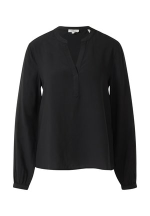 Schwarze Langarmbluse mit V-Ausschnitt und weicher Textur. Verfügt über geraffte Manschetten und eine lockere Passform. Hergestellt aus leichtem Stoff.