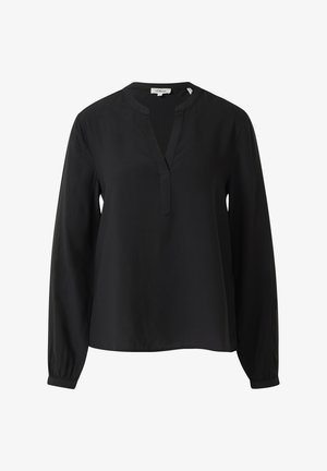 Schwarze Langarmbluse mit V-Ausschnitt und weicher Textur. Verfügt über geraffte Manschetten und eine lockere Passform. Hergestellt aus leichtem Stoff.