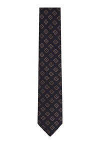 Cravat bleumarin cu un model geometric de forme interconectate în nuanțe de marron și albastru. Confectionat dintr-un material texturat, se tappă la un capăt ascuțit.