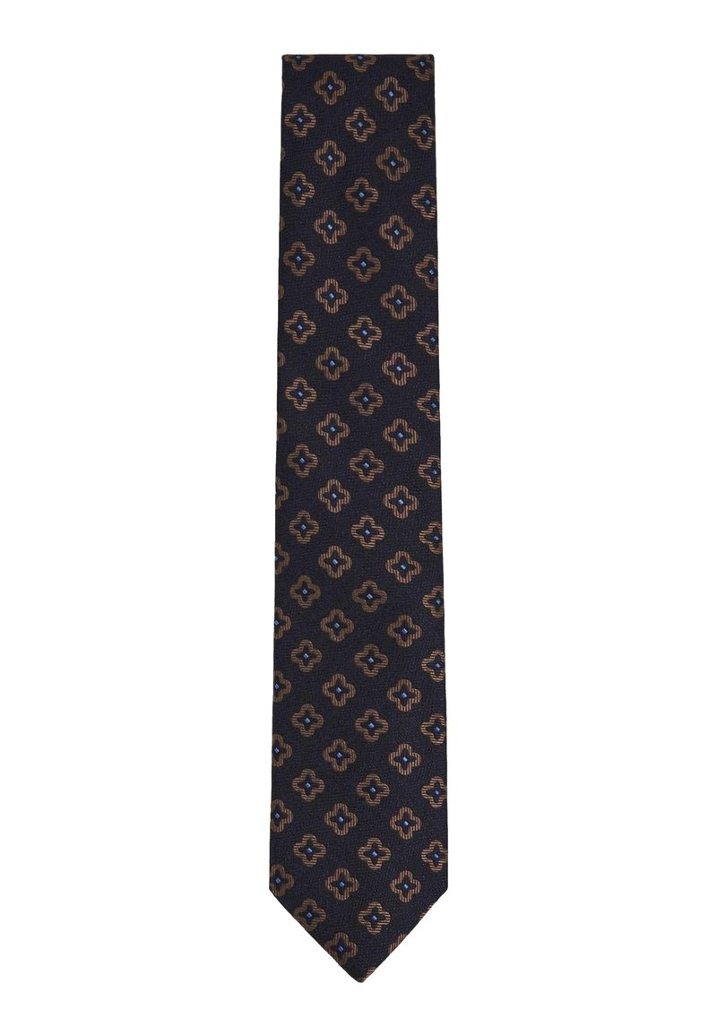 Cravat bleumarin cu un model geometric de forme interconectate în nuanțe de marron și albastru. Confectionat dintr-un material texturat, se tappă la un capăt ascuțit.