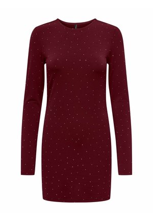 Abito a maniche lunghe color bordeaux con scollo rotondo, arricchito da dettagli metallici sparsi su tutta la superficie. Tessuto liscio ed elastico.