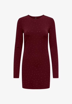 Bordeauxrode jurk met lange mouwen en een ronde halslijn, voorzien van verspreide metallic accenten. Glad, rekbaar materiaal.