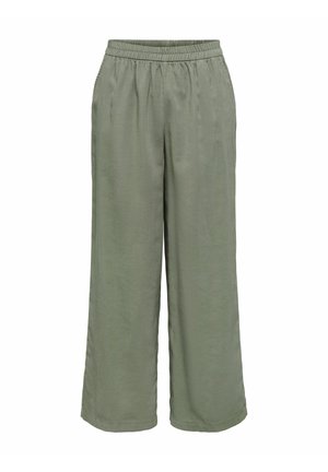 Pantalon ample vert olive avec taille élastique et jambes larges, fabriqué en tissu léger.