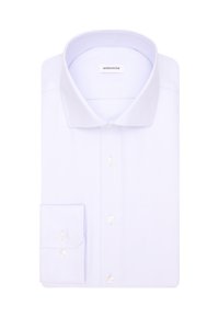 Camicia da uomo azzurra piegata con colletto aperto e polsini abbottonati, caratterizzata da una sottile texture a spina di pesce.