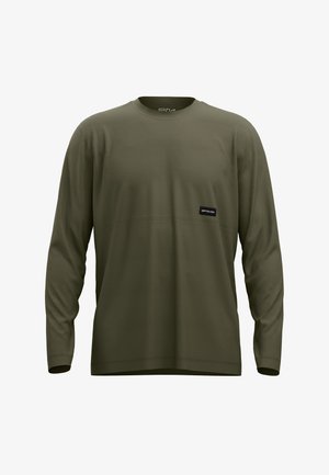 Long-sleeve shirt in olive green, made from soft material. Features a round neckline and a black brand tag on the front.