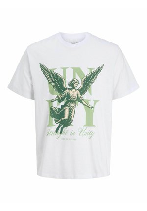 Balta kokvilnas T-kreklu ar zaļu grafisko attēlu, kurā ir eņģelis ar spārniem, kā arī uzraksti "UNIFY" un "Streetlight in Unity."