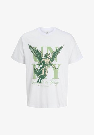 Hvid bomulds t-shirt med en grøn grafisk tryk af en engel med vinger, samt teksten "UNIFY" og "Gadelampe i enhed."