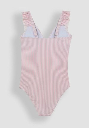 Svītrainas peldkostīms ar gaiši rozā un baltām krāsām, regulējamām siksnām, drapētiem plecu akcentiem un pieguļošu dizainu.