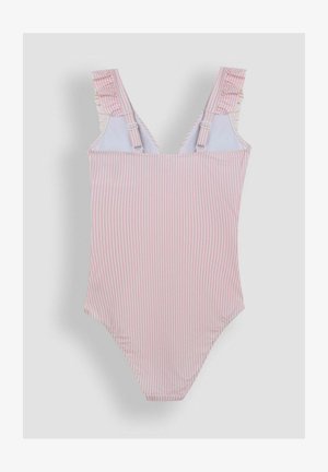 Prugasti kupaći kostim s svijetlo ružičastim i bijelim bojama, podesivim trakama, naboranim naglascima na ramenima i prilagođenim dizajnom.