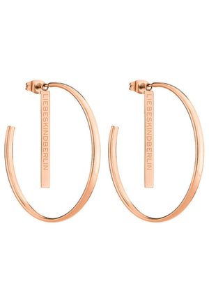 Ohrringe aus Roségold im Stil von Hoop präsentieren ein schlankes, offenes Design mit einem vertikalen Stab-Detail, das mit "LIEBESKIND" graviert ist. Sie haben eine glatte metallische Oberfläche und sind leicht.