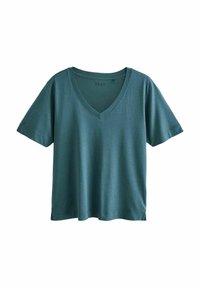 T-shirt teal à col en V, fabriqué en tissu léger et doux. Manches courtes avec fentes sur les côtés et coupe décontractée. Étiquette visible au niveau du col.