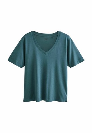 Teal V-hals T-shirt lavet af blødt, let stof. Korte ærmer med sideslids og en afslappet pasform. Etiket synlig ved halsåbningen.