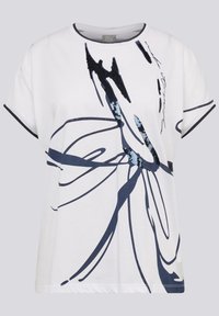 White short-sleeve cotton t-shirt with navy abstract design and sequin accents, featuring a crew neckline and relaxed fit.