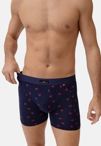 Námořnické boxerky vyrobené z měkké tkaniny s opakujícím se červeným geometrickým vzorem; mají značkový pas a pohodlný střih.