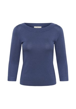 Pulover albastru tricotat cu mâneci trei-sferturi, decolteu rotund și manșete și tiv împletite.
