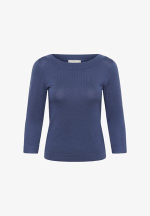 Zils adīts džemperis ar trīs ceturtdaļu piedurknēm, apaļu kakla izgriezumu un ribainām aprocēm un apakšmalu.