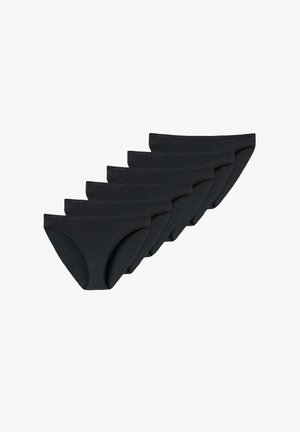 Six black cotton women's bikini briefs arranged in a staggered row on a white background.