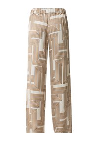 Pantaloni a gamba larga in tessuto leggero con un motivo geometrico marrone e crema, dotati di una vita elastica per garantire comfort.