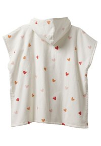 Hoodie-Poncho aus weichem, weißem Stoff mit strukturiertem Finish und einem Muster aus mehrfarbigen Herzen in Rot, Pink und Orange.