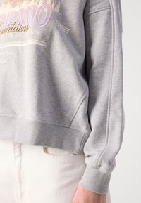 Sweat-shirt gris avec graphisme de montagne du Colorado porté avec un pantalon blanc, montrant le torse et la vue latérale du bras droit.