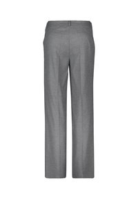 Pantalon gris avec une coupe droite, fabriqué à partir d'un tissu texturé. Comprend un devant plat et deux poches à l'arrière.