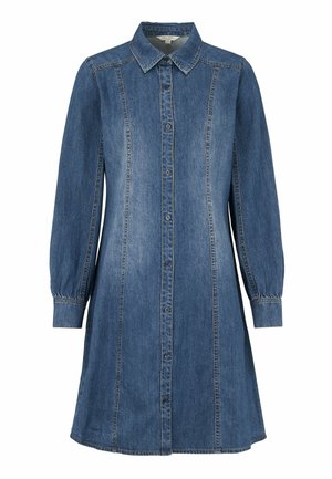 Langærmet kjole i mørkeblå denim med knapper, spids krave, lodrette sømdetaljer og tætsiddende manchetter på hvid baggrund.