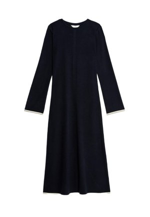 Marineblaues Langarmkleid mit lässiger Passform, rundem Halsausschnitt und cremefarbenen Akzenten an den Ärmeln, aus weichem, strukturiertem Stoff gefertigt.