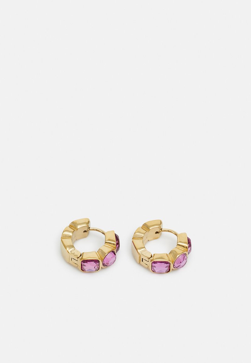 Gold hoop earrings with geometric design, featuring three pink square faceted stones on each hoop, smooth texture, and polished finish.