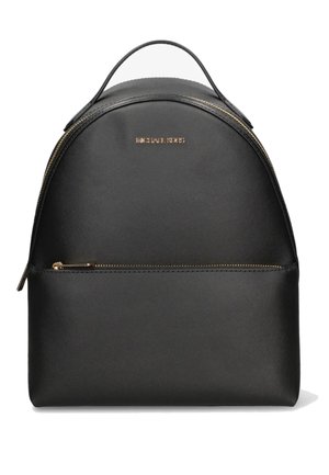 Zwarte Michael Kors rugzak met gouden ritssluitingen, voorvak, bovenhandvat en een gestructureerde lederen afwerking.