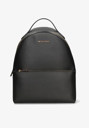 Sort Michael Kors rygsæk med guldfarvede lynlåsdetaljer, frontlomme, topgreb og struktureret læderfinish.