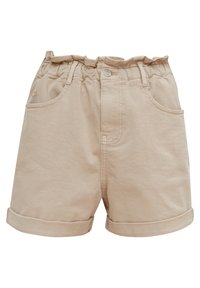 Shorts en coton beige avec revers roulés, taille élastique froncée, bouton sur le devant, fermeture éclair et deux poches avant.